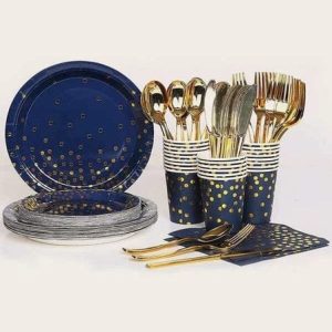 Navy & Gold Polka Dots Disposable Tableware Set - 70pcs