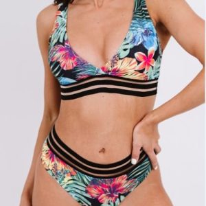 Ibiza Tropical Floral Print Striped Mesh Trim Bikini